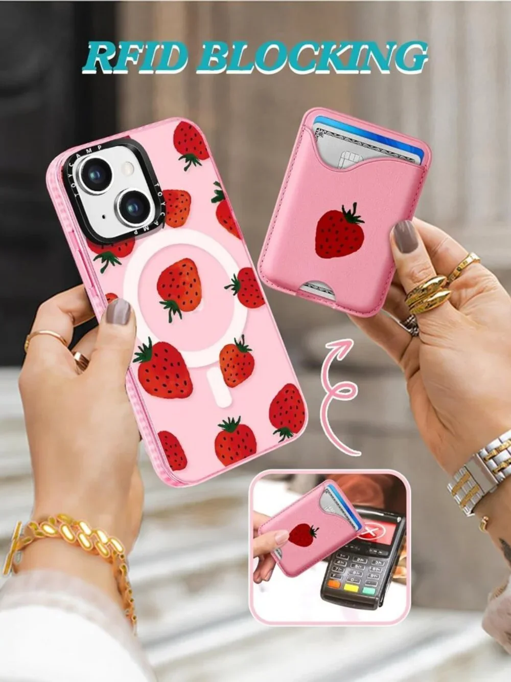 Cute Strawberry Design iPhone 14/13 Case - Magnetic Wallet, Kawaii Phone Cover